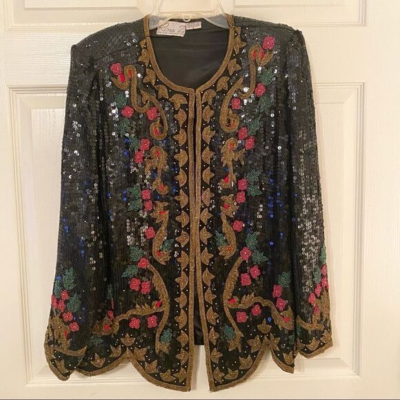Vintage 1980s Rinei Z Sequin and Beads Silk Jacket - Picture 1 of 7